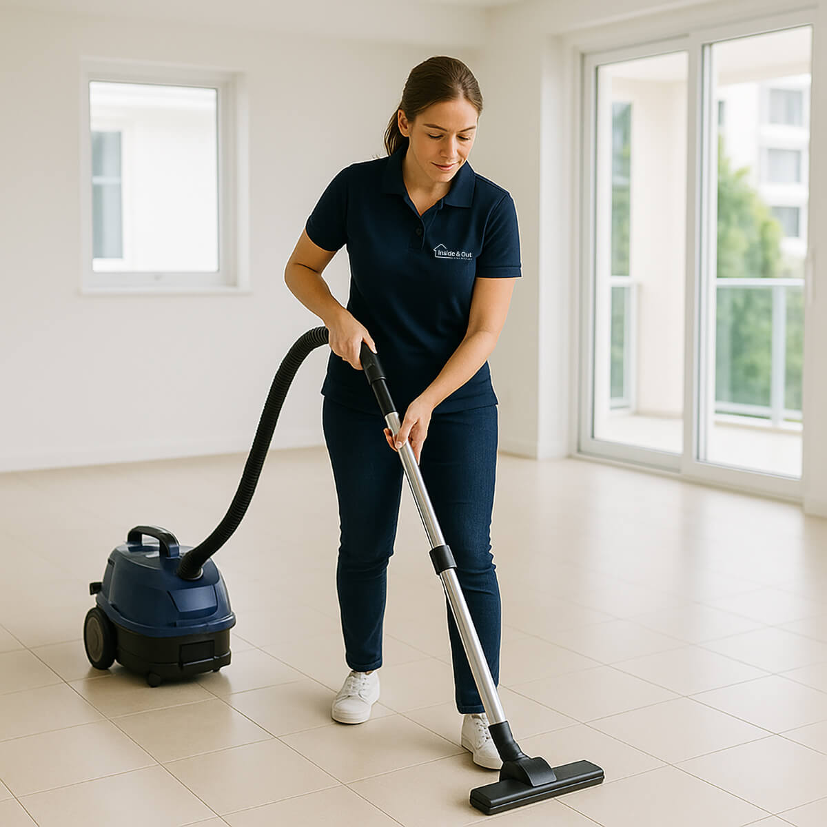 A cleaner performing a thorough bond clean in an empty Gold Coast apartment.