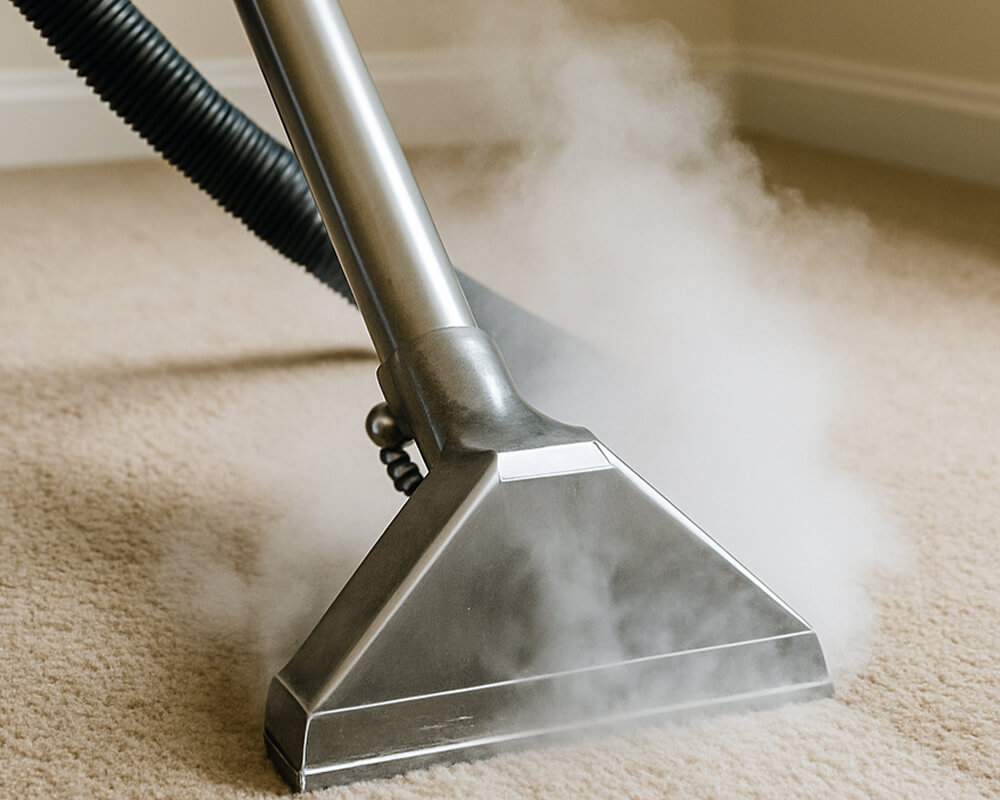 Professional cleaner steam cleaning a carpet as an optional extra.