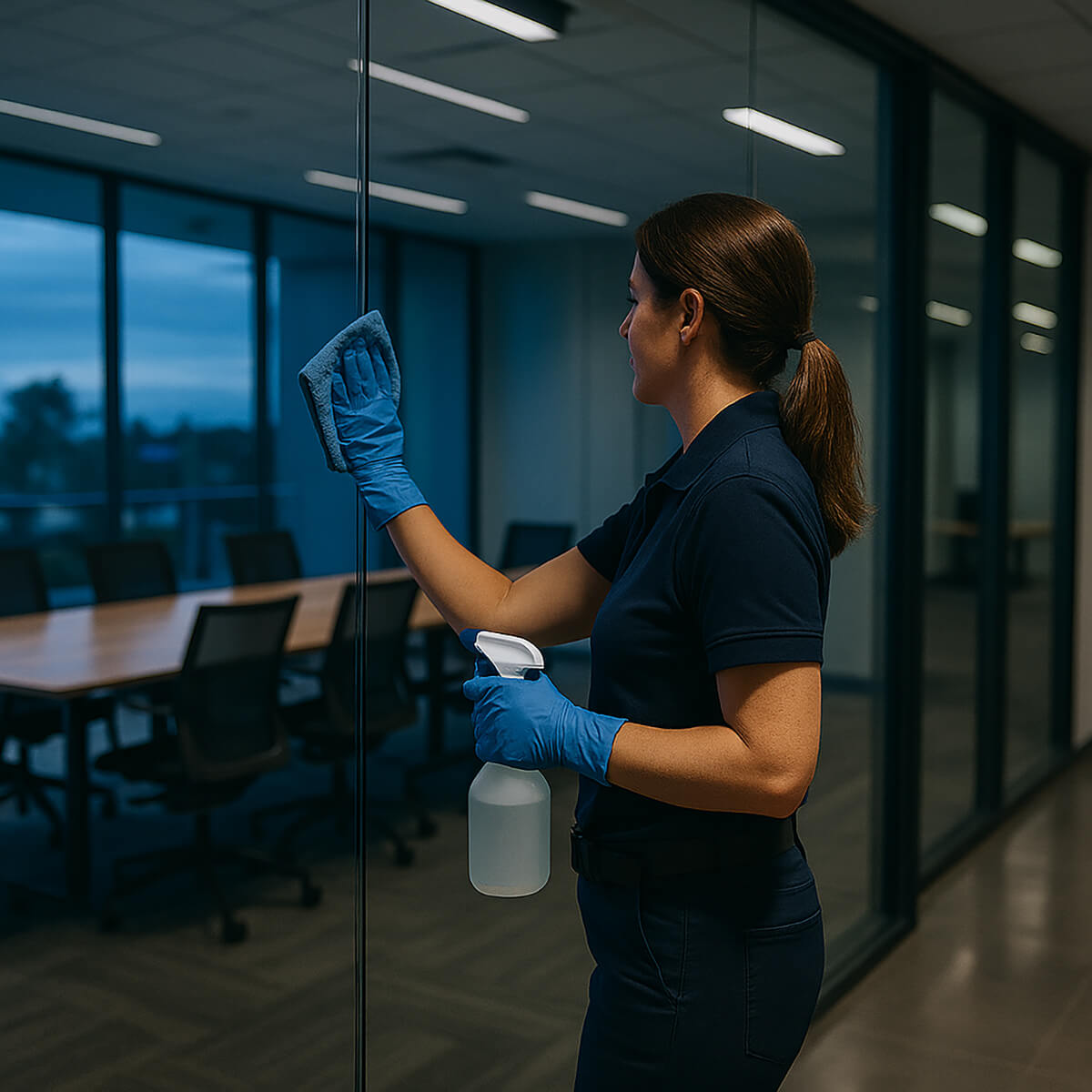 A professional cleaner from Inside & Out cleaning a modern Gold Coast office space after hours.