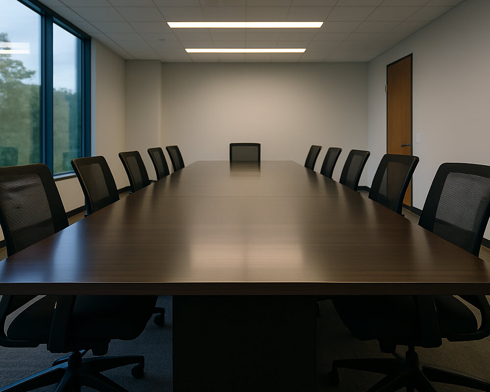 A perfectly clean and sanitised office boardroom.